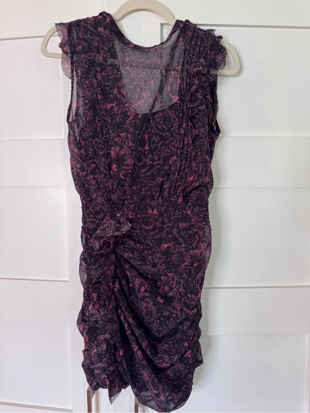 AllSaints Black Dress with Deep Magenta Floral Overlay